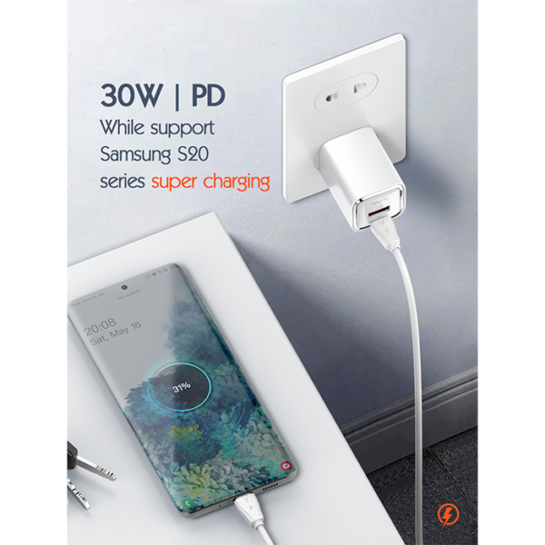 Chargeur 2 Port Rapide 30W USB C USB A+Cable 1M – Image 4